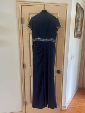 Pronovias Navy Beaded Short-Sleeve Evening Gown